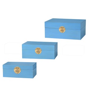 DANN FOLEY LIFESTYLE | Set of 3 Large Blue Chinese Style Wooden Keep Box | 14in w. X 6in ht. X 10in