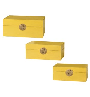 DANN FOLEY LIFESTYLE | Set of 3 Large Yellow Chinese Style Wooden Keep Box | 14in w. X 6in ht. X 10i