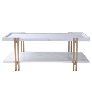 DANN FOLEY LIFESTYLE | White Faux Marble and Gold Cocktail Table | 48in w. X 18in ht. X 28in d.