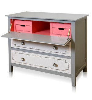 DANN FOLEY LIFESTYLE | Gray and White 8 Drawer Wooden Letter Desk with Antique Knobs and Pink Interi