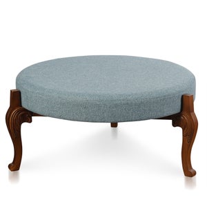 DANN FOLEY LIFESTYLE | Round Ottoman with Wooden Cabriole Legs and Light Blue Upholstery | 42in w. X