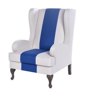 DANN FOLEY LIFESTYLE  | White Accent Chair with Blue Stripe and Wooden Cabriole Legs  | 46in ht. X 3