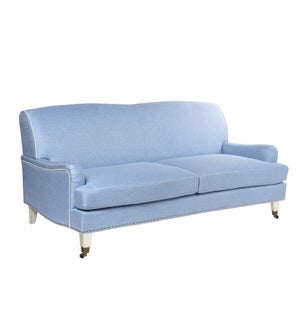 DANN FOLEY LIFESTYLE  | Baby Blue Upholstered Sofa on Casters | 35in ht. X 74in w. X 40in d.