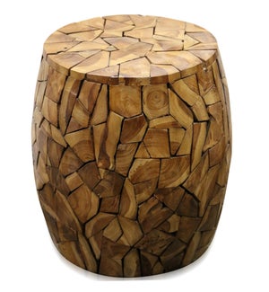 MOSAIC DRUM TABLE | Hand Fitted With Puzzle Cut Pieces | Teak Root | Medium Wood Brown Stain |  Indo