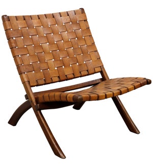 Richard Lounge Chair | 26in X 32in X 30in Retro Foldable Teak Wood & Genuine Woven Leather Seat & Se