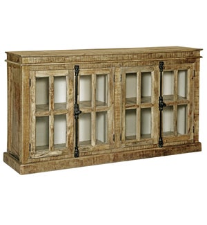 Four Door Credenza with Wrought Iron Hardware and Glass Panels