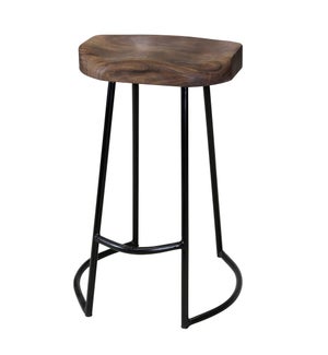 Gavin | 17in X 15in X 26in Sculpted Counter Stool | Solid Acacia Seat & Black Wrought Iron Base