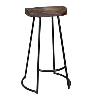 Gavin | 20in X 16in X 30in Sculpted Bar Stool | Solid Acacia Seat & Black Wrought Iron Base