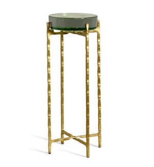 CLEAR EMERALD | Candy Like Glass Disk Top Drink Table with Gold Metal Base | 23in ht. X 9in w. X 9in