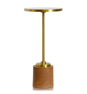 GOLD IRON | Drink Table with Brown Leather Weighted Base & Clear Mirror Top | 25in ht. X 12in w. X 1