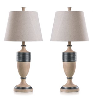 HAVERHILL | Pair of Banded Pewter and Taupe Painted Table Lamps | Made in Cambodia | 14in w X 29in h