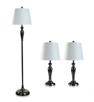 BLACK NICKEL SET | Two Table Lamps & One Floor Lamp with White Hardback Shades | 100 Watts | 12in w.