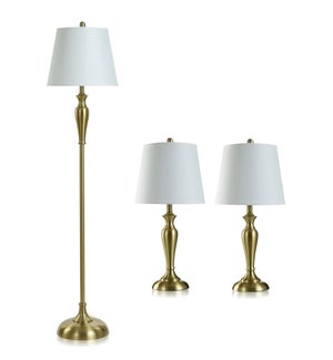 ANTIQUE BRASS SET | Two Table Lamps & One Floor Lamp with White Hardback Shades | 100 Watts | 12in w
