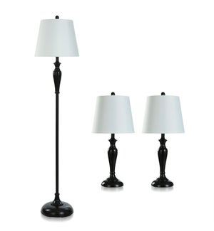 OILED BRONZE SET | Two Table Lamps & One Floor Lamp with White Hardback Shades | 100 Watts | 12in w.