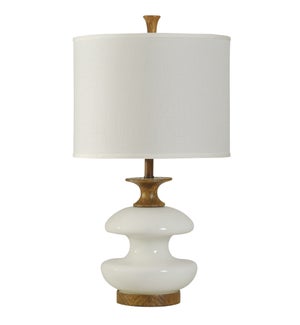 CHEVELLE | Contemporary White Glass Table Lamp on Woodgrain Finished Base | 17in w X 30in ht X 17in