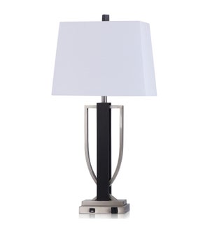 GAVIN TABLE LAMP | 34in ht. | Brushed Steel Metal and Wood Body Table Lamp with Convenience Outlet a