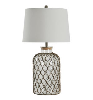 Seeded glass and netting table lamp with white linen shade