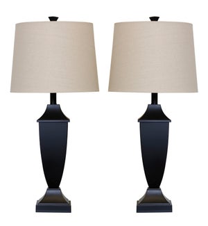 Pair of Classic Table Lamps with Bronze Wood Finish and Complementing Round Linen Shades