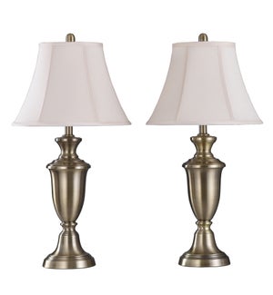 Pair Of Steel Table Lamps In Antique Brass Finish with Round Bell Silk Shades