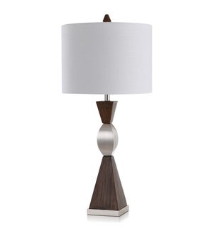 CHESHIRE | Transitional Table Lamp in Faux Wood and Brushed Steel Finish | 16in w X 36in ht X 16in d