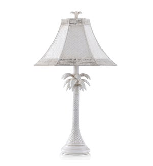 WHITE WASHED | Traditional Coastal Palm Table Lamp with Woven Hex Rattan Shade | 16in w X 28in ht X