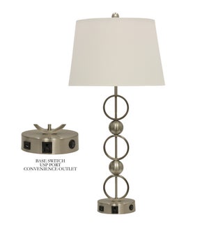 Brushed Steel | Metal Table Lamp with Convenience Outlet  USB Port & Base Switch