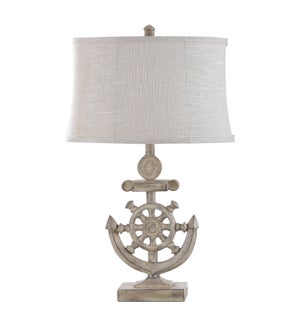 Nautical table lamp of anchor in bokava finish on rectangular base with woven fabric shade