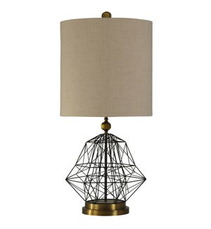 Satin Black Steel Table Lamp With Gold Accents Natural Linen Drum Shade
