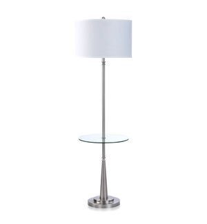 BRUSHED STEEL | Metal Floor Lamp with Round Clear Glass Table | 19in w X 63in ht X 19in d | 150 Watt