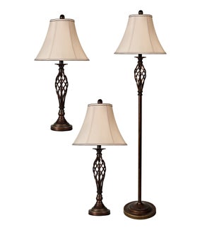 QB-Barclay brass multi pack set includes 2 table lamps floor lamp Natural linen shades