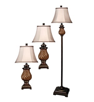 QB-Toffee wood multi pack set includes 2 table lamps floor lamp Natural linen shades