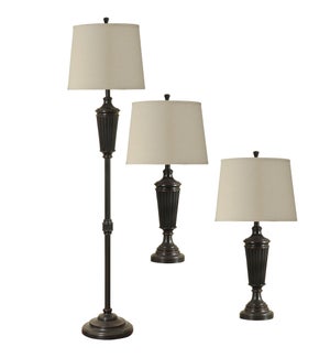 QB-Bronze Wood Finish Metal Floor Lamp and set of Two Table Lamps