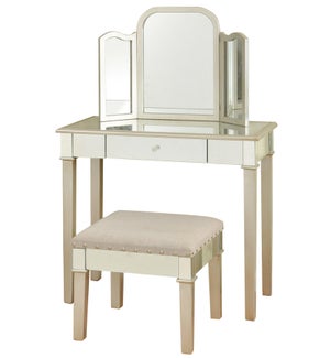 Hollywood glamour designed makeup vanity with trifold mirror a small bench Silver leaf mirror finish