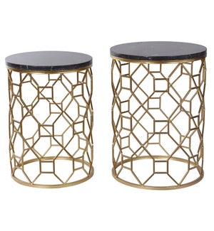 Set of Two Round Side Tables with Polished Light Brown Marble Top  Set on A Gold Finished Wrought Ir
