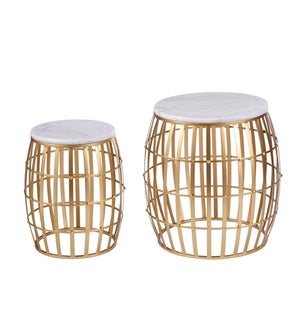 Gold Cage Marble Top Nesting Table Set | 19in X 19in X 20in | 15in X 15in X 17in | Set of 2 End Tabl