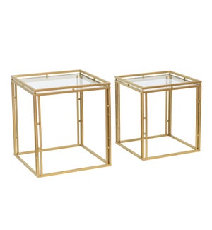 ANTIQUE GOLD | Set of 2 Square Side Tables Made of Metal with Inset 5mm Tempered Clear Glass Tops