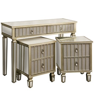 Set Of 3-1 Console with 2 End Tables In Champagne Finish. Light Grey Linen Fabric On Drawer & Door P