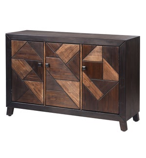 3 Door Credenza with finished wood in a laced chevron pattern and fixed shelf behind each door