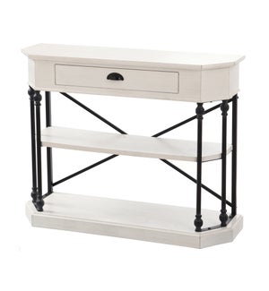 Clipped Corner Console Table with Two Shelves and Center Drawer with Metal Ball Bearing Glides.  Mad