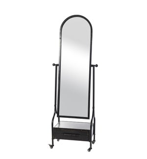 Cheval Mirror with Lower Storage Drawer  on Locking Castor Wheels. All Metal Construction  In A Blac