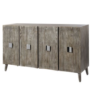 Curved Four Door Credenza Made of Ash Wood Veneer on MDF & Wood Solids In Slate Grey Finish with Whi