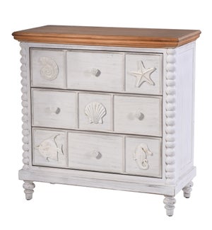Montauk | 34in X 16in X 34in | 3 Drawer Chest with Crown Molding Top Bobbin Spool Corner Posts and S