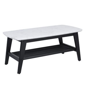 BIRCHWOOD COFFEE TABLE | Slatted Lower Shelf In A Black Finish with Faux White & Black Marble Top