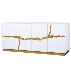 LAVA SIDEBOARD | 4 Doors Covered in Pure White Beleveled Glass with Gold Accenting on Door Panels &