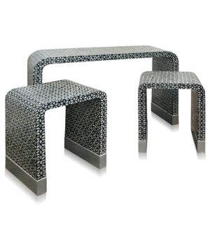 WATERFALL TABLES | Set Of Three |  Made of Blue & Gray Mother of Pearl Mosaic on Steam Bent Plywood