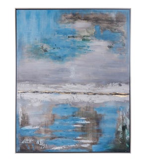 BLUE CONTENT | Hand Painted Framed Canvas   | 40in w. X 50in ht. X 2in d.