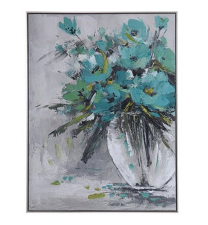 TURQUOISE ARRANGEMENT | Hand Painted Framed Canvas   | 35in w. X 47in ht. X 2in d.