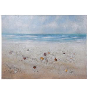 SEA SHELL BEACH | Hand Painted Coastal Art with Dimensional Sea Shells | 48in w. X 36in ht. X 1in d.