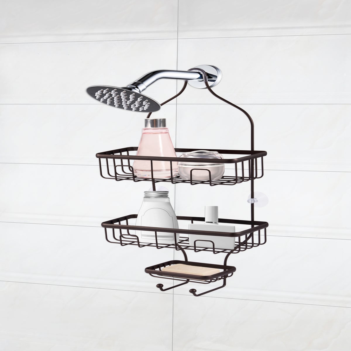 3 Tier Hanging Shower Caddy Over Shower Head w/ Hooks & Soap