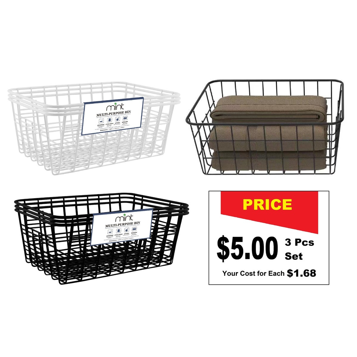 Black/White - Set of 3 Small Nesting Storage Baskets (6sets)